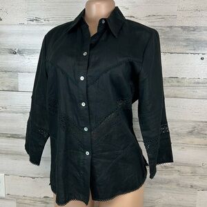 Richard Malcolm Black Irish Linen Crochet Lace Button Blouse Medium